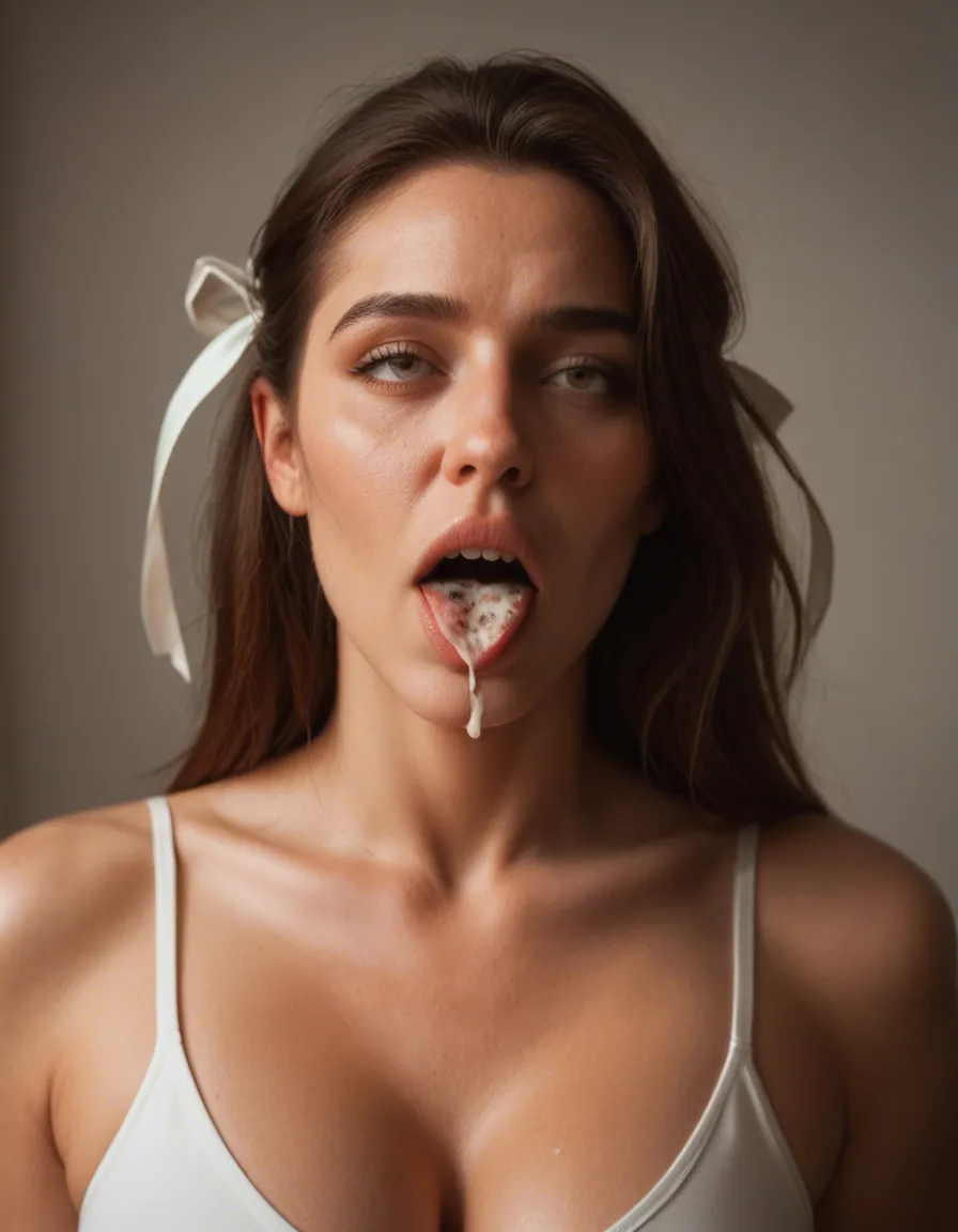 best quality, hyperrealistic, mature female, hair ribbon, food, ahegao, volumetric light, dslr quality, score_9, score_8, candid photo, realistic skin texture, visible skin pores, film grain, depth of field