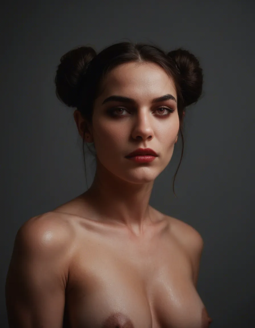 cinematic photo, 8k, succubus, double bun, collared shirt, fully nude, RAW photo, score_9, score_8, candid photo, realistic skin texture, visible skin pores, film grain, depth of field