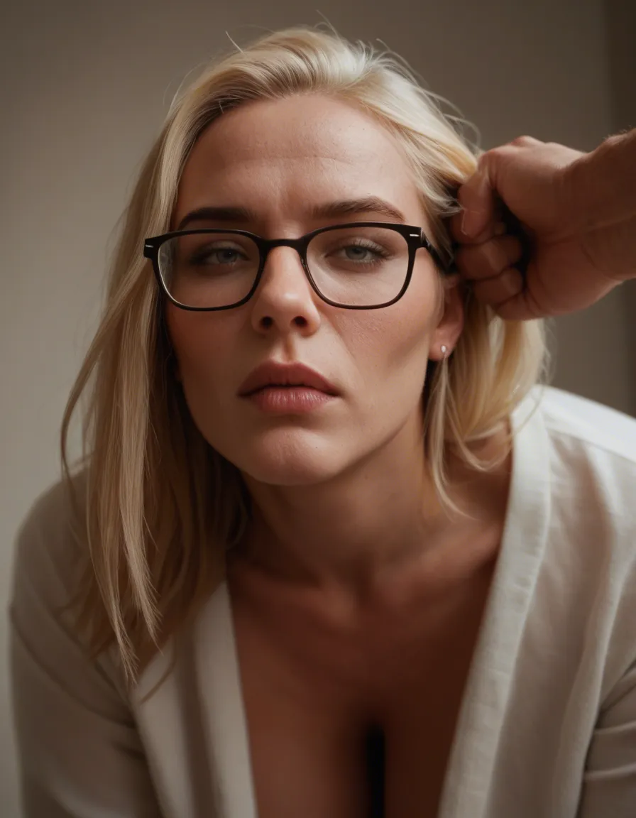 blonde, milf, naughty, doggy, spit, glasses, moan, hairpull, realistic, score_9, score_8, candid photo, realistic skin texture, visible skin pores, film grain, depth of field