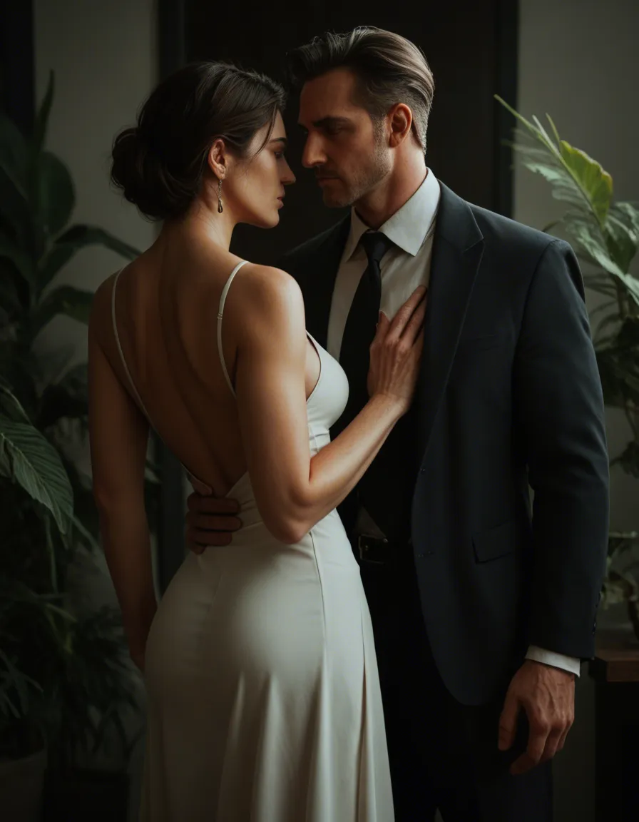 professional photo, high detail, couple, hand on own hip, dress, fully nude, plant, three-quarter view, RAW photo, score_9, score_8, cinematic film still, anamorphic, film grain, dramatic lighting, shallow depth of field