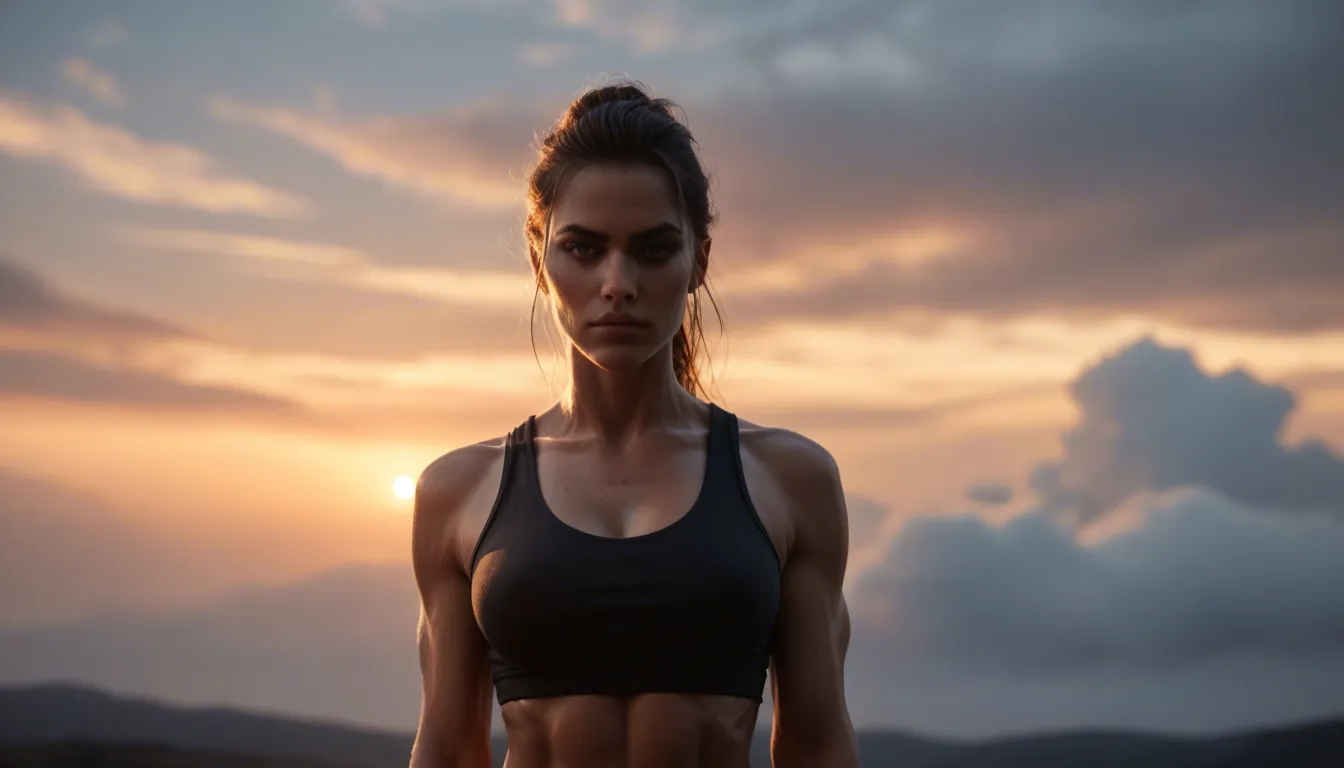 ultra HD, lifelike, portrait, fitness model, futanari, wide hips, cloud, hyperrealistic, score_9, score_8, cinematic film still, anamorphic, film grain, dramatic lighting, shallow depth of field