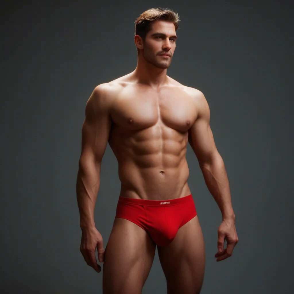 The man strips to his red bikini briefs, rubbing his bulge through the fabric.