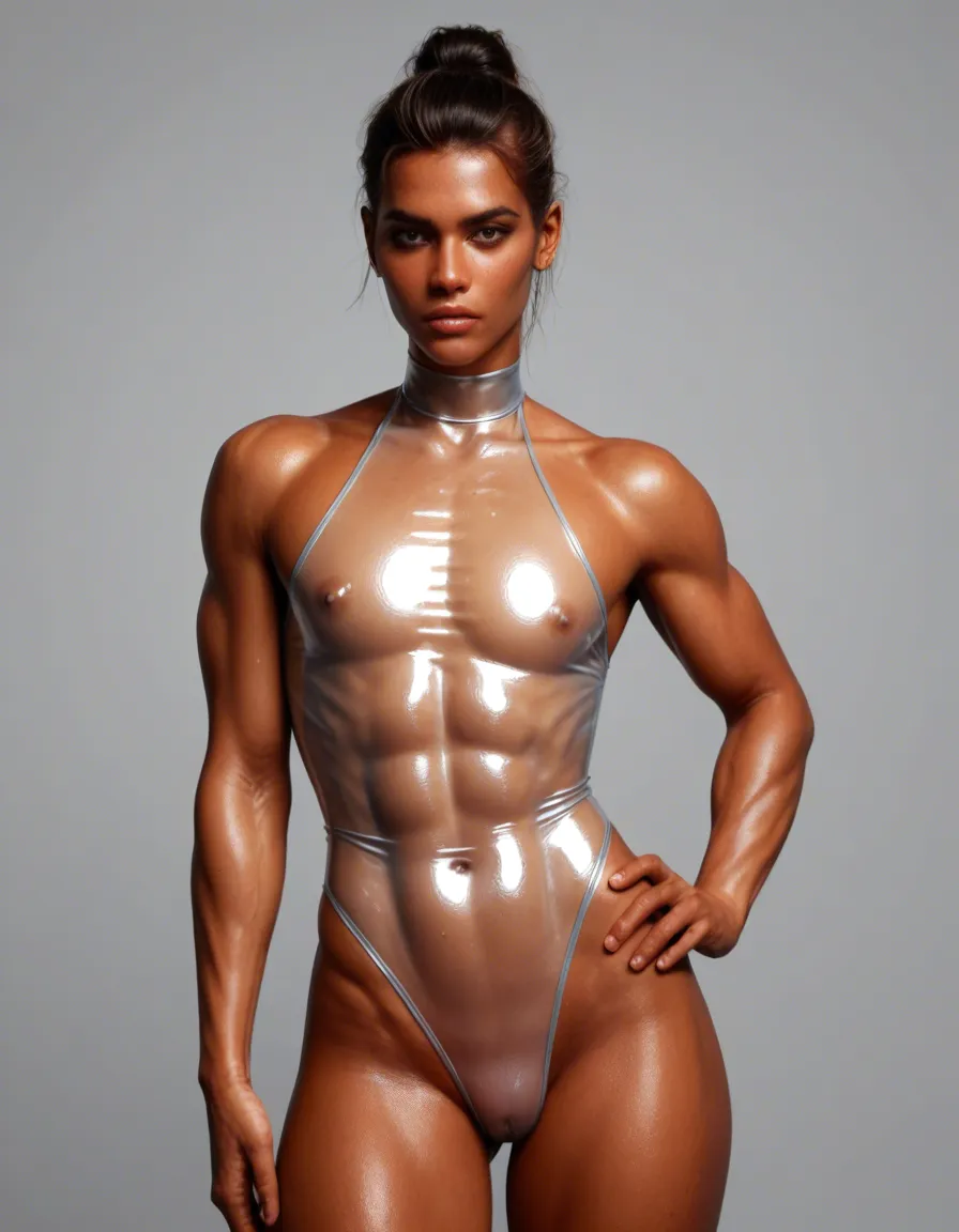 solo, male focus, slender toned body, androgynous, femboy, girly boy, male in female clothing, one-piece skin-tight see-through latex leotard, high-mockneck halter and highleg leotard design, translucent brown-tinted shiny latex, abs obliques and male pectorals seen-through underneath, visible flaccid penis, visible testicles, see-through bulge
narrow waist, hip dips, hip bones, groin, groin tendon, quads, skindentation,
delicate jaw, makeup, lipgloss, short feminine tousled wavy hair, score_9, score_8, candid photo, realistic skin texture, visible skin pores, film grain, depth of field