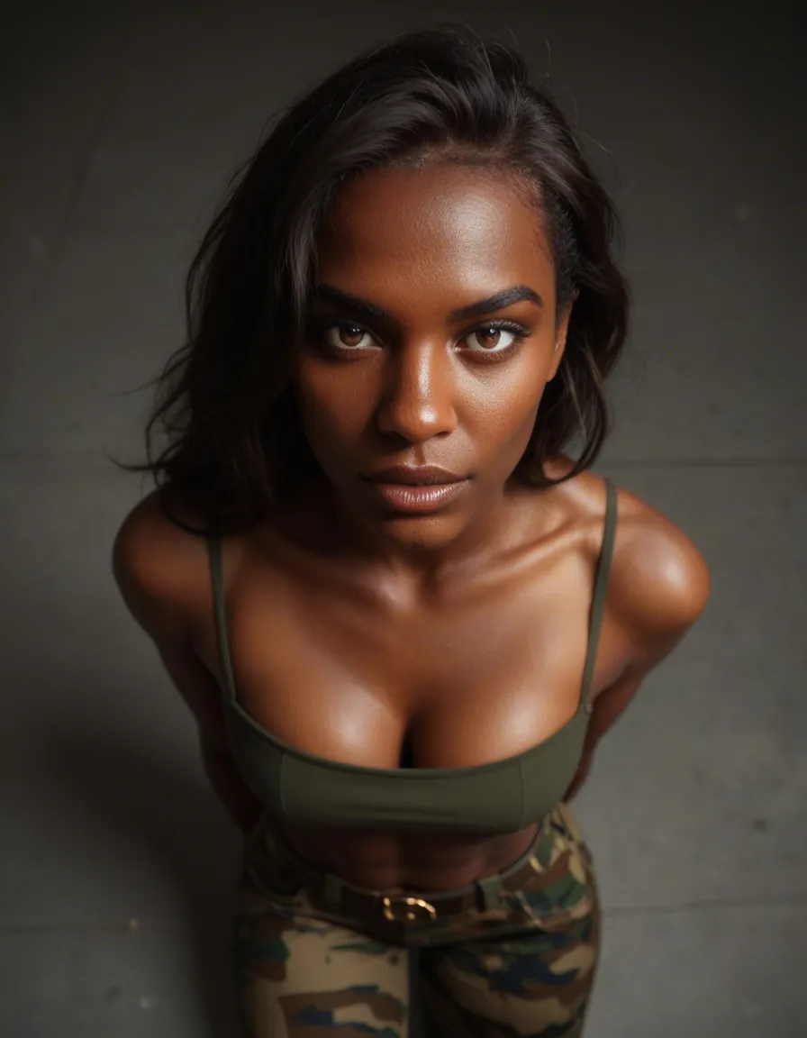cinematic photo, 8k, from above, brunette woman, futanari, dark-skinned female, military, studio photo, score_9, score_8, candid photo, realistic skin texture, visible skin pores, film grain, depth of field
