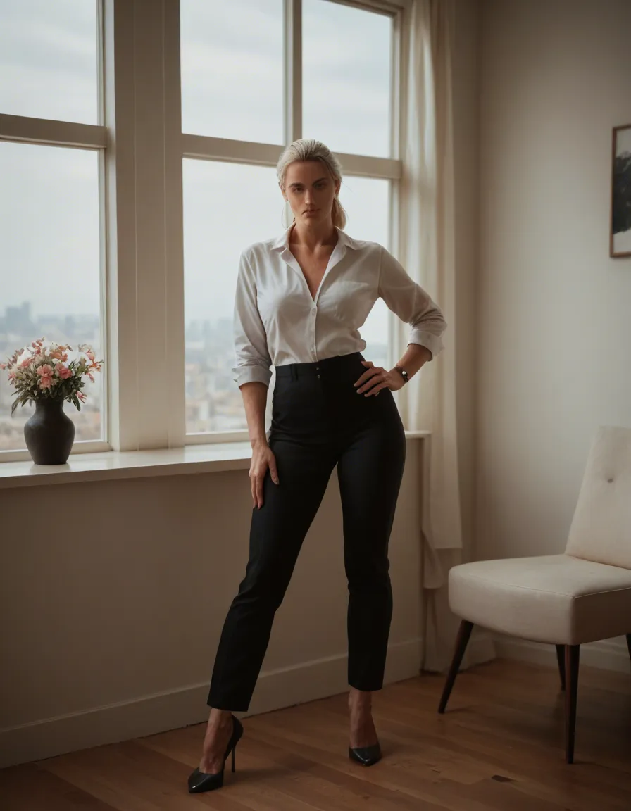 professional photo, high detail, female focus, hand on own hip, flower, spread legs, window, lifelike full_body, score_9, score_8, candid photo, realistic skin texture, visible skin pores, film grain, depth of field