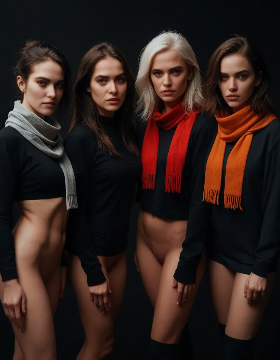 ultra HD, lifelike, 5girls, scarf, socks, presenting, black background, volumetric light, lifelike render, score_9, score_8, candid photo, realistic skin texture, visible skin pores, film grain, depth of field