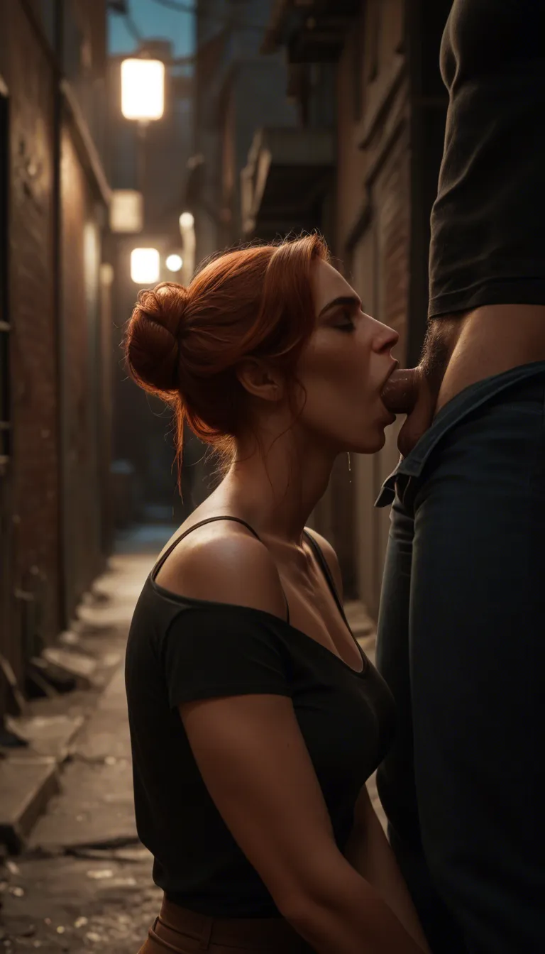 deepthroat, clothed sex, night, in back alley, ((mature female:1.2)), natural redhead, hair in loose bun, ((full black_bodysuit:1.1)), black ankle boots, medium breasts, kneeling, eagerly blowing dark-skinned police officer with large penis, passionate