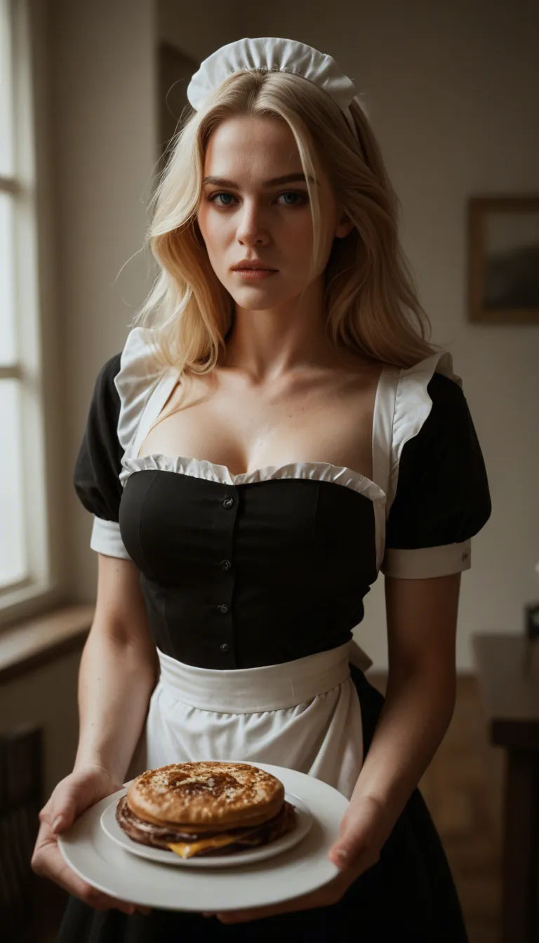 cinematic photo, 8k, maid, floating hair, food, futanari, film photography sexy blonde babe taking it