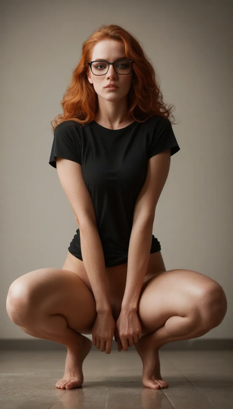 A woman with curly long ginger hair, wearing black short sleeved shirt, naked from waist down, barefoot, wearing black glasses,crouching on the floor of a livingroom, feet are visible, she is masturbating by fingering her vagina, having an orgasm, shaking, lust on her face