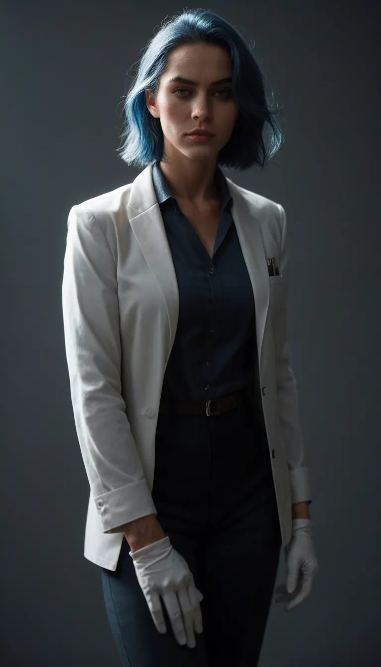 professional photo, high detail, solo, blue hair, white gloves, presenting, dramatic lighting, film photography