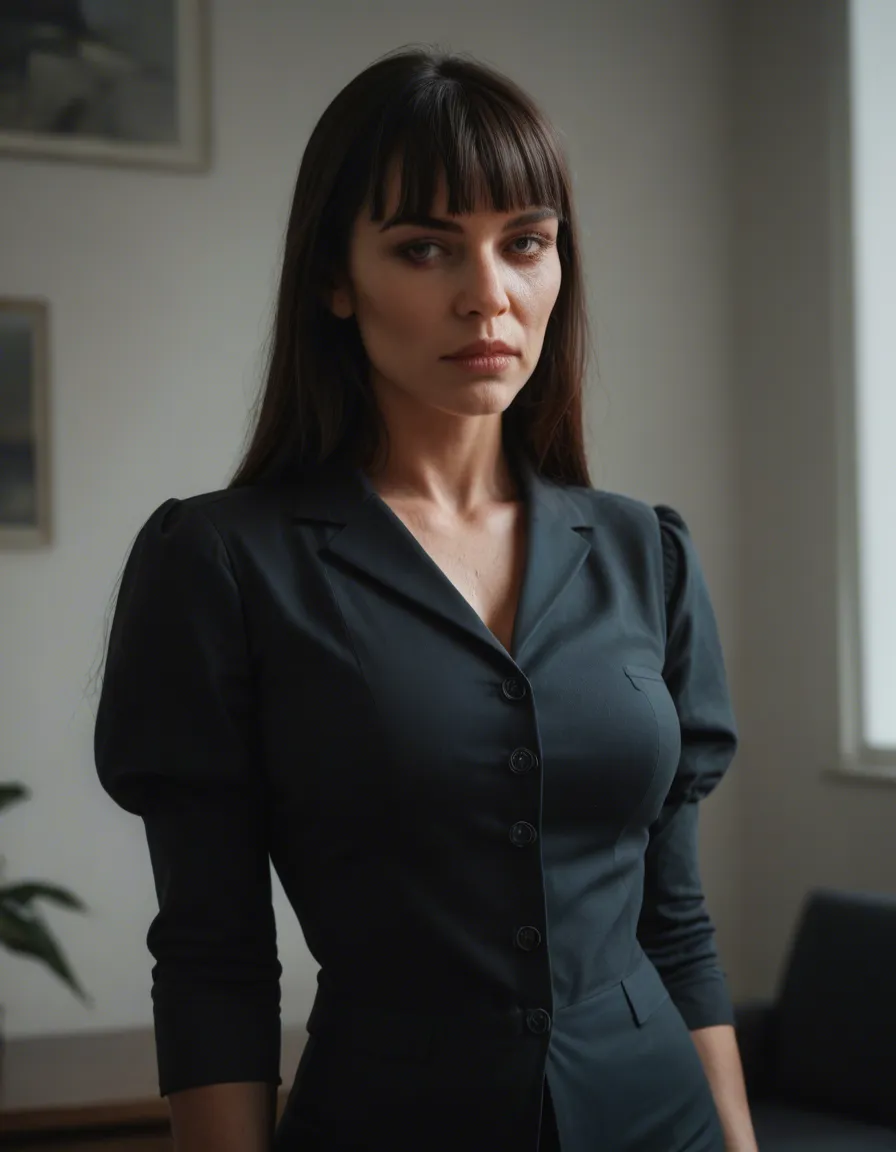 professional photo, high detail, mature female, blunt bangs, puffy sleeves, futanari, natural skin texture, score_9, score_8, candid photo, realistic skin texture, visible skin pores, film grain, depth of field