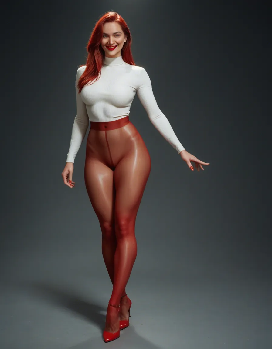 long red hair, tan pantyhose , curvy , smile red lips, red high high_heels, score_9, score_8, candid photo, realistic skin texture, visible skin pores, film grain, depth of field