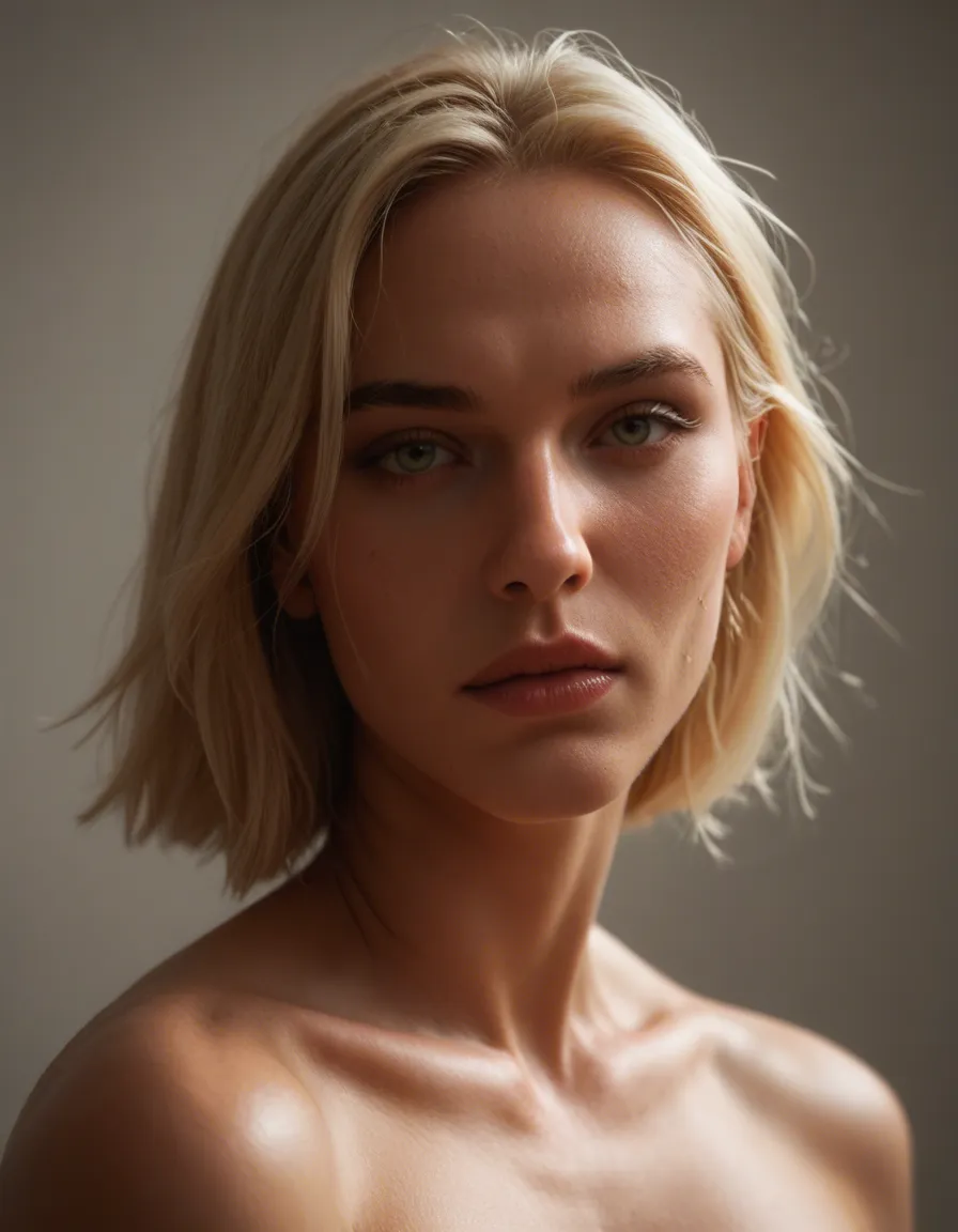 a little petite blonde extremely realistic wearing nothing from head to tow, score_9, score_8, candid photo, realistic skin texture, visible skin pores, film grain, depth of field