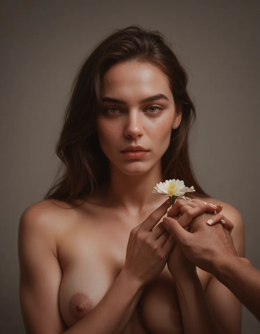 sharp focus, 8k uhd, 1girl, holding hands, flower, futanari, studio lighting, dslr quality, score_9, score_8, candid photo, realistic skin texture, visible skin pores, film grain, depth of field