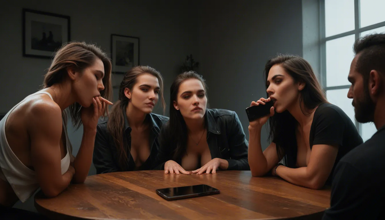 8k, sharp focus, detailed skin, 4women, muscular male, open clothes, biting lip, blowjob, table, studio photo, score_9, score_8, amateur photo, phone snapshot, realistic skin texture, skin blemishes, soft indoor lighting