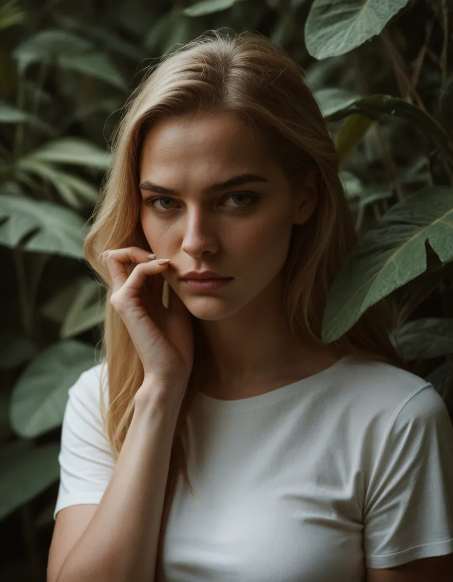 cinematic photo, 8k, princess, fingernails, white shirt, bondage, plant, lifelike render, score_9, score_8, candid photo, realistic skin texture, visible skin pores, film grain, depth of field