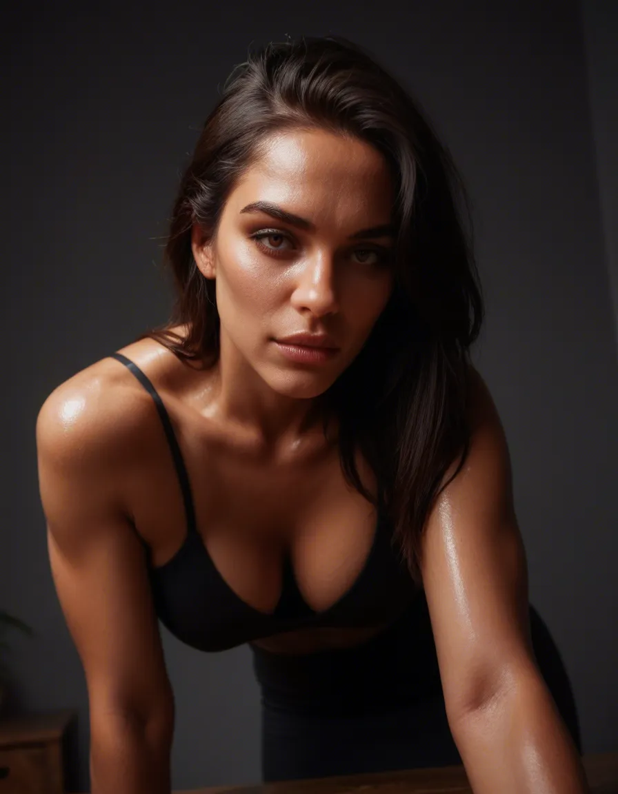 professional photo, high detail, portrait, demon woman, bent over, shiny skin, night, studio photo, score_9, score_8, candid photo, realistic skin texture, visible skin pores, film grain, depth of field