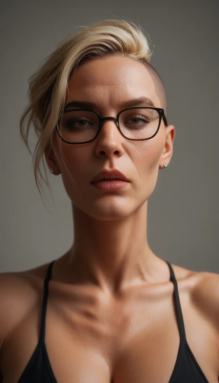 studio quality, sharp focus, natural skin texture, milf, blonde, undercut, mombod, rough, facefuck, glasses