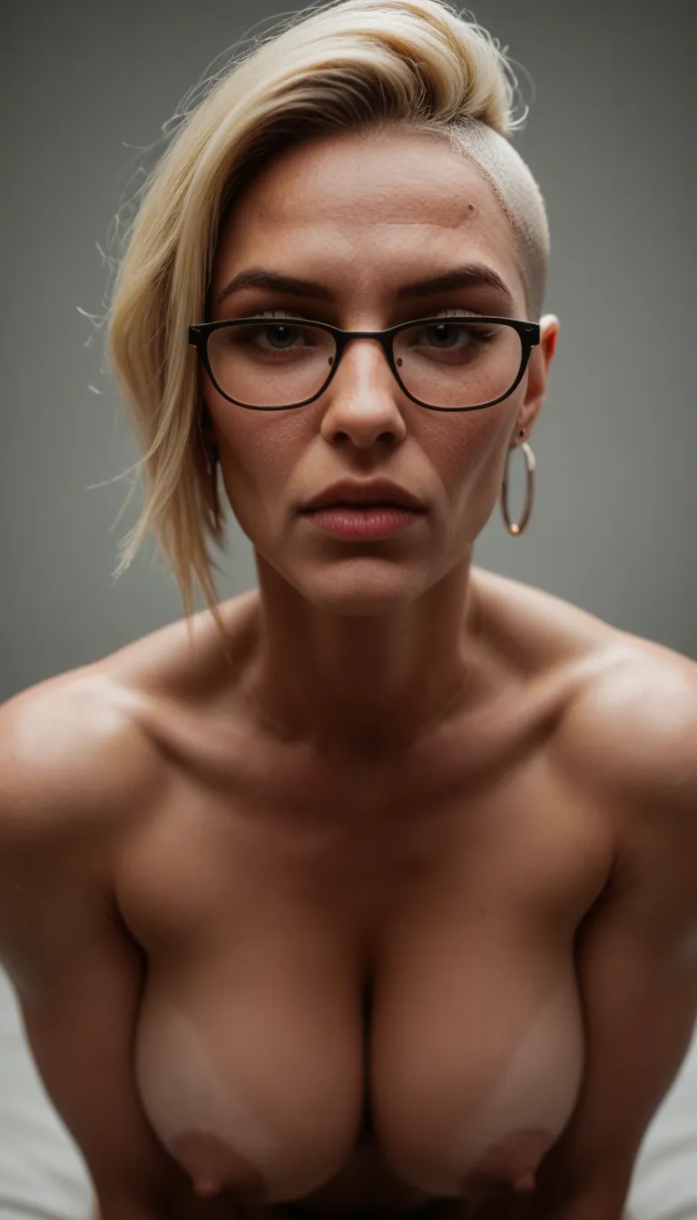 studio quality, sharp focus, natural skin texture, milf, blonde, undercut, glasses, mombod, rough, a pov video of this woman kneeling, i grab her hair with my right hand and thrust my cock into her mouth and cum immediatley, cum in mouth ,throatpie