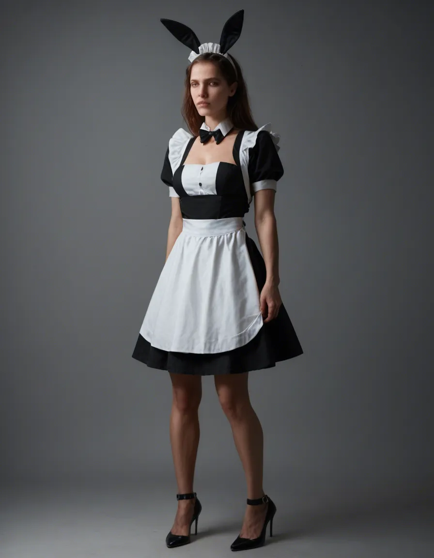 best quality, hyperrealistic, full body, maid, bondage, fake animal ears, RAW photo, score_9, score_8, candid photo, realistic skin texture, visible skin pores, film grain, depth of field