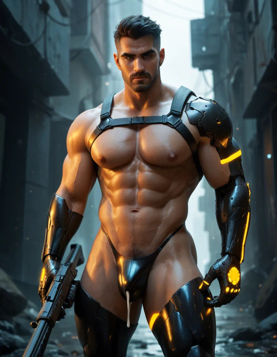 1boy, male focus, bara, muscular, large pectorals, puffy nipples, leaking cum, holding futuristic rifle, aiming, glowing cybernetic harness, glowing mechanical skin seam, short hair, black hair, cyberpunk leg armor, thick eyebrows, mechanical gloves, black latex thong, pubic hair, bulge, fog, scifi, fantasy, cinematic, dynamic pose, dynamic angle, epic, skimpy, serious expression, realistic, photorealistic, very awa, masterpiece, best quality, detailed background, ultra-detailed, very aesthetic, score_9, score_8, candid photo, realistic skin texture, visible skin pores, film grain, depth of field