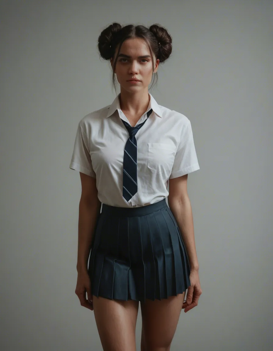 dslr, film grain, photorealistic, 1other, double bun, pleated skirt, presenting, score_9, score_8, candid photo, realistic skin texture, visible skin pores, film grain, depth of field