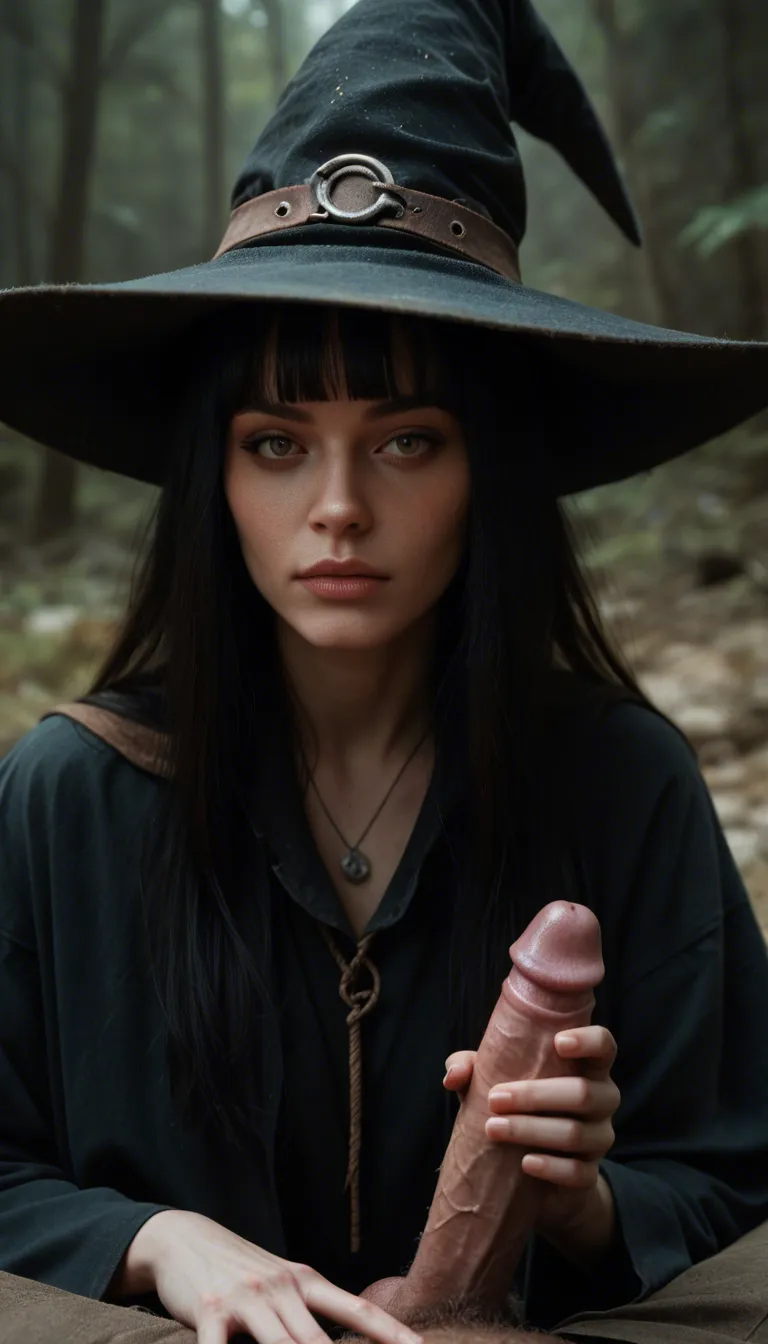 ultra HD, lifelike, witch, blunt bangs, alternate costume, handjob, cool tones, lifelike render