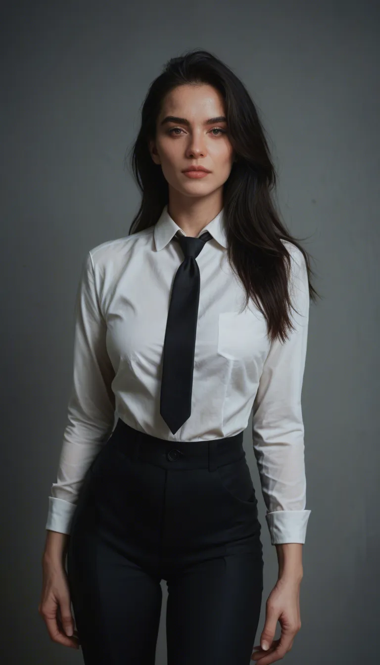 looking_at_viewer 30-year old european woman with long straight black hair wearing black trousers, white shirt, black classic tie, black business suit is fucking in cowgirl_position