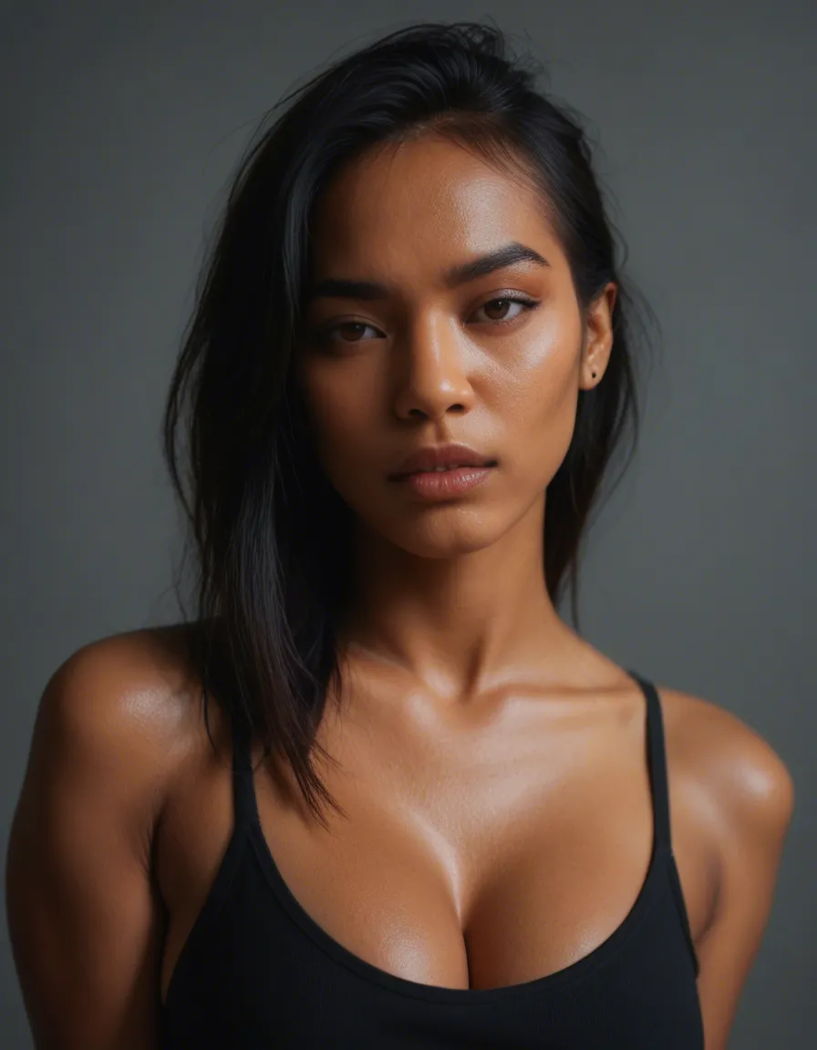 Dark Skinned Emo Asian Busty Petite Spitroasted, score_9, score_8, candid photo, realistic skin texture, visible skin pores, film grain, depth of field