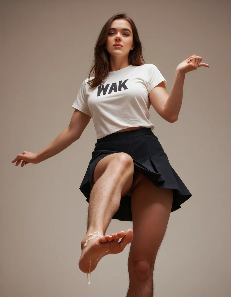 lovely woman, wearing a skirt and a t-shirt, standing on one leg, cute face, brown eyes, hairy legs, feet soles, cum on feet, from_below, score_9, score_8, candid photo, realistic skin texture, visible skin pores, film grain, depth of field