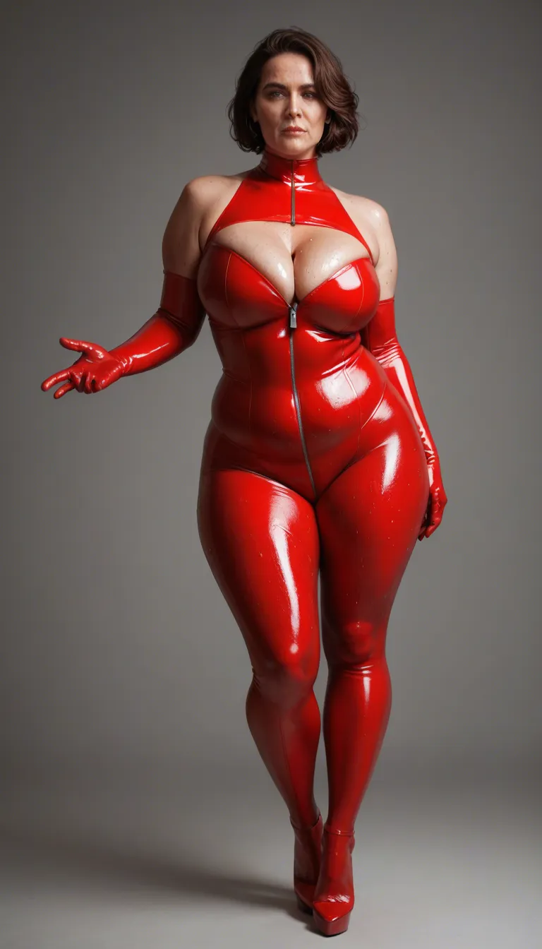 Bbw tall milf,sweaty, paizuri , staring at viewer, wearing red Zipped crotch latex leggings , heels, opera gloves