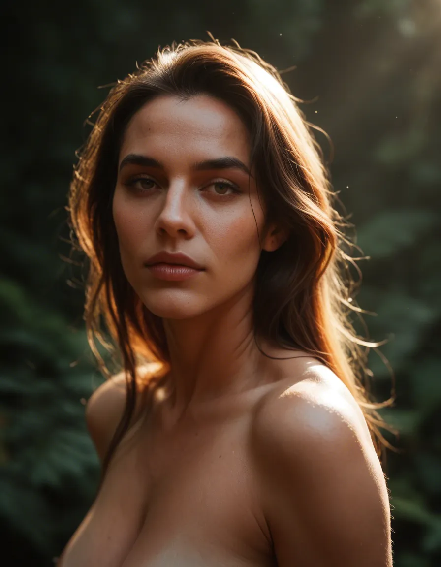 highly detailed, natural lighting, three-quarter view, mature female, fully nude, colored skin, dslr quality, score_9, score_8, candid photo, realistic skin texture, visible skin pores, film grain, depth of field