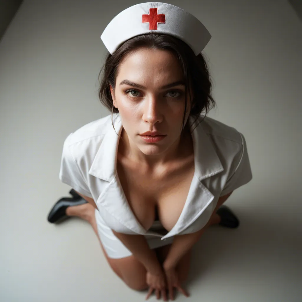 highly detailed, natural lighting, from above, nurse, presenting, black footwear, studio photo