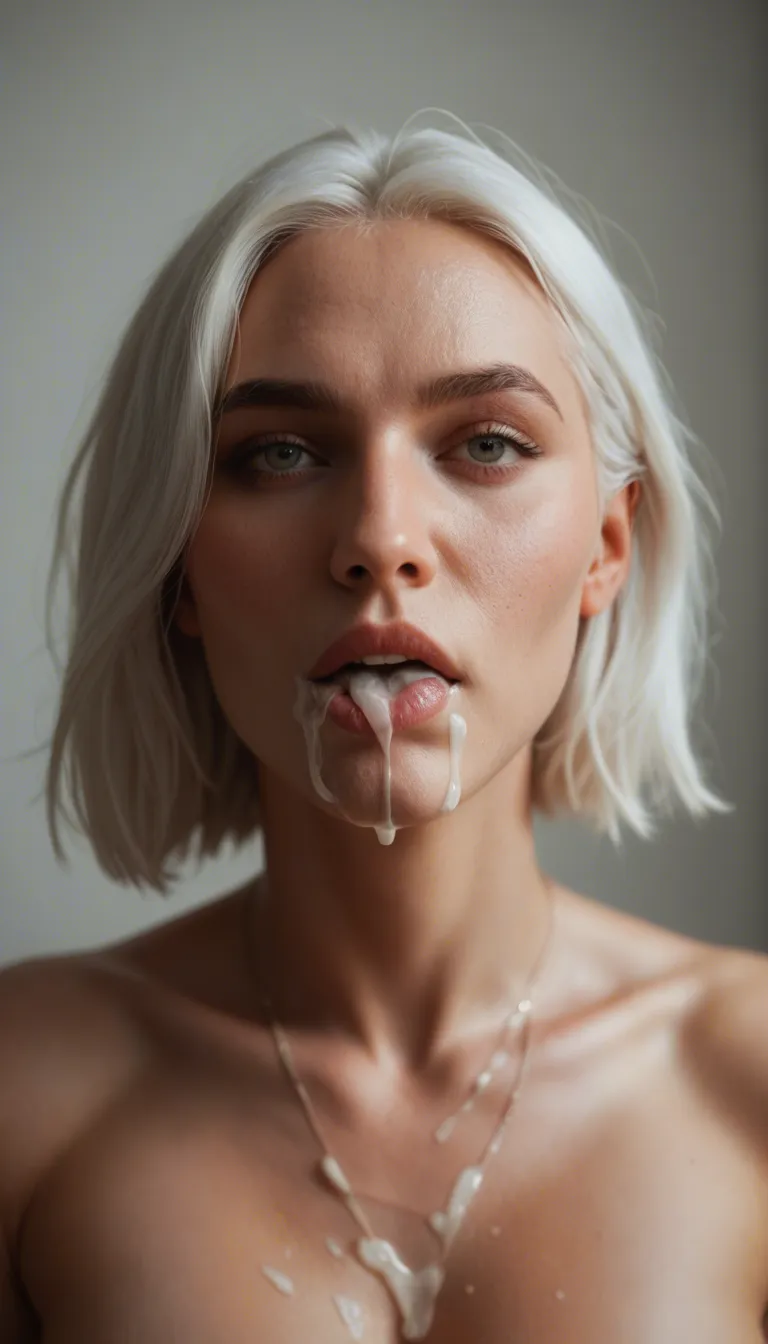 awesome ebony woman, very short white hair, she shows mouth full of cum, then she gulps and then she shows her mouth empty, mouthful of cum