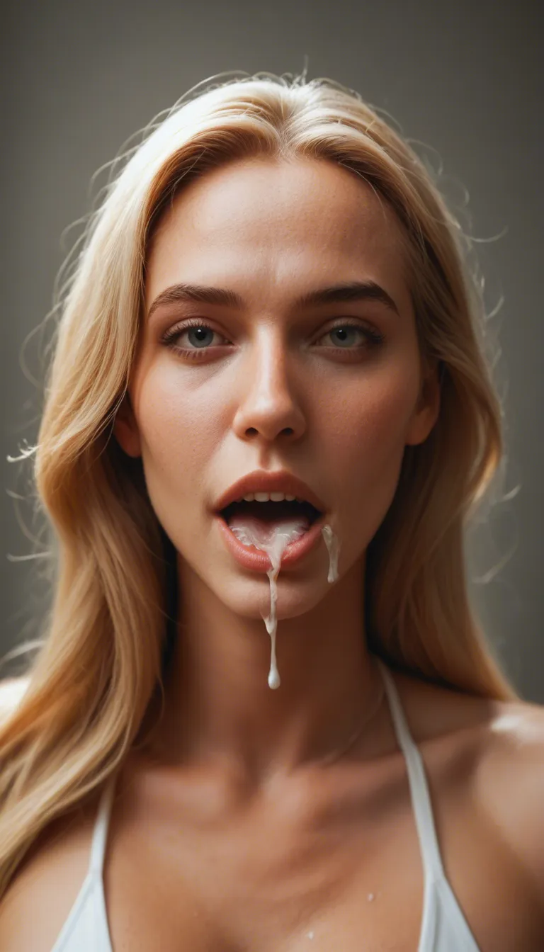 beautiful woman, blond hair, happy, mouth open full of cum, she gulps closing mouth and then she shows her mouth open_mouth empty