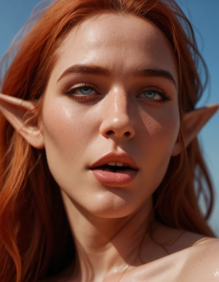 8k, sharp focus, detailed skin, redhead woman, ahegao, pointy ears, blue sky, lifelike render, score_9, score_8, candid photo, realistic skin texture, visible skin pores, film grain, depth of field