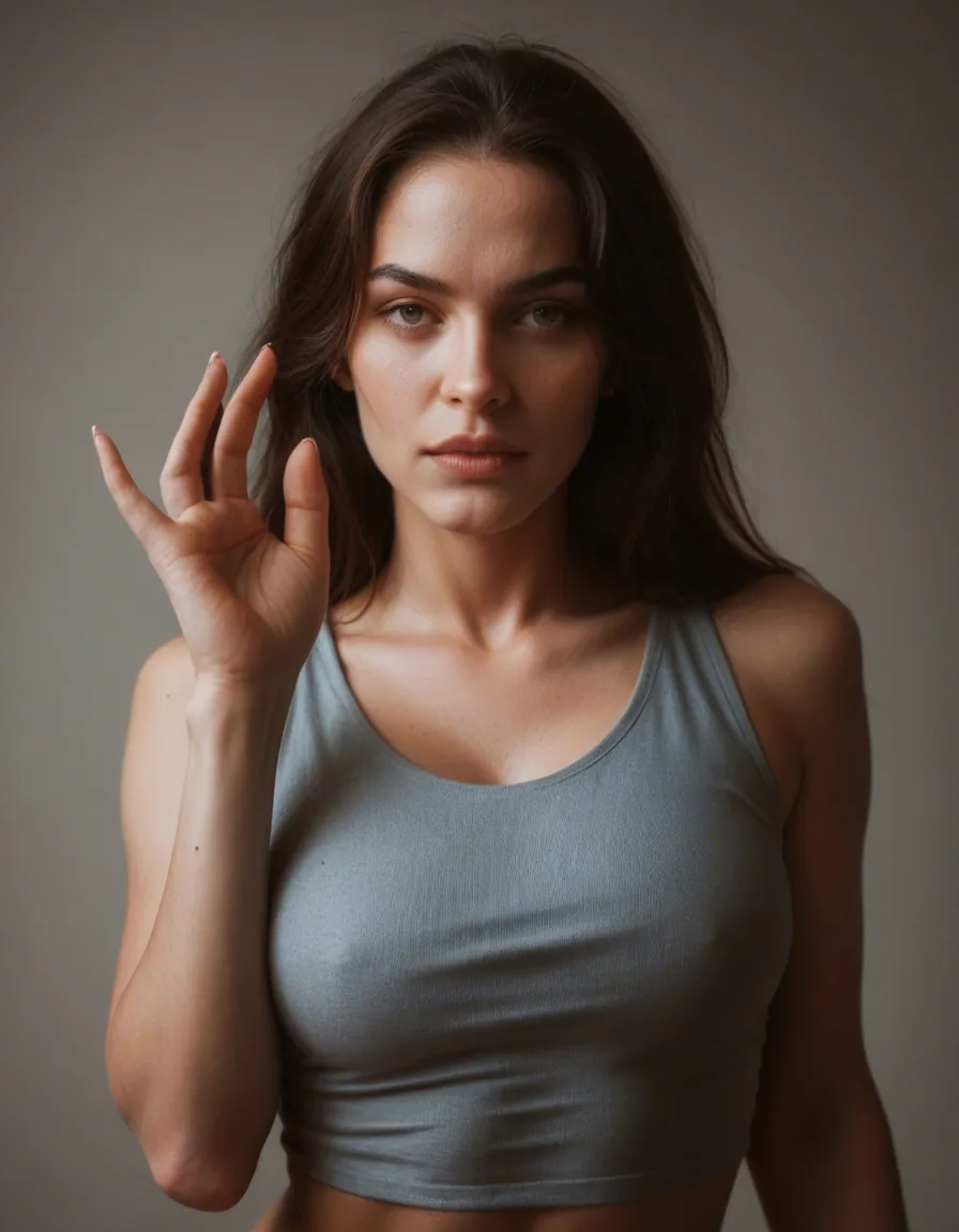 Woman making the small dick gesture, score_9, score_8, candid photo, realistic skin texture, visible skin pores, film grain, depth of field