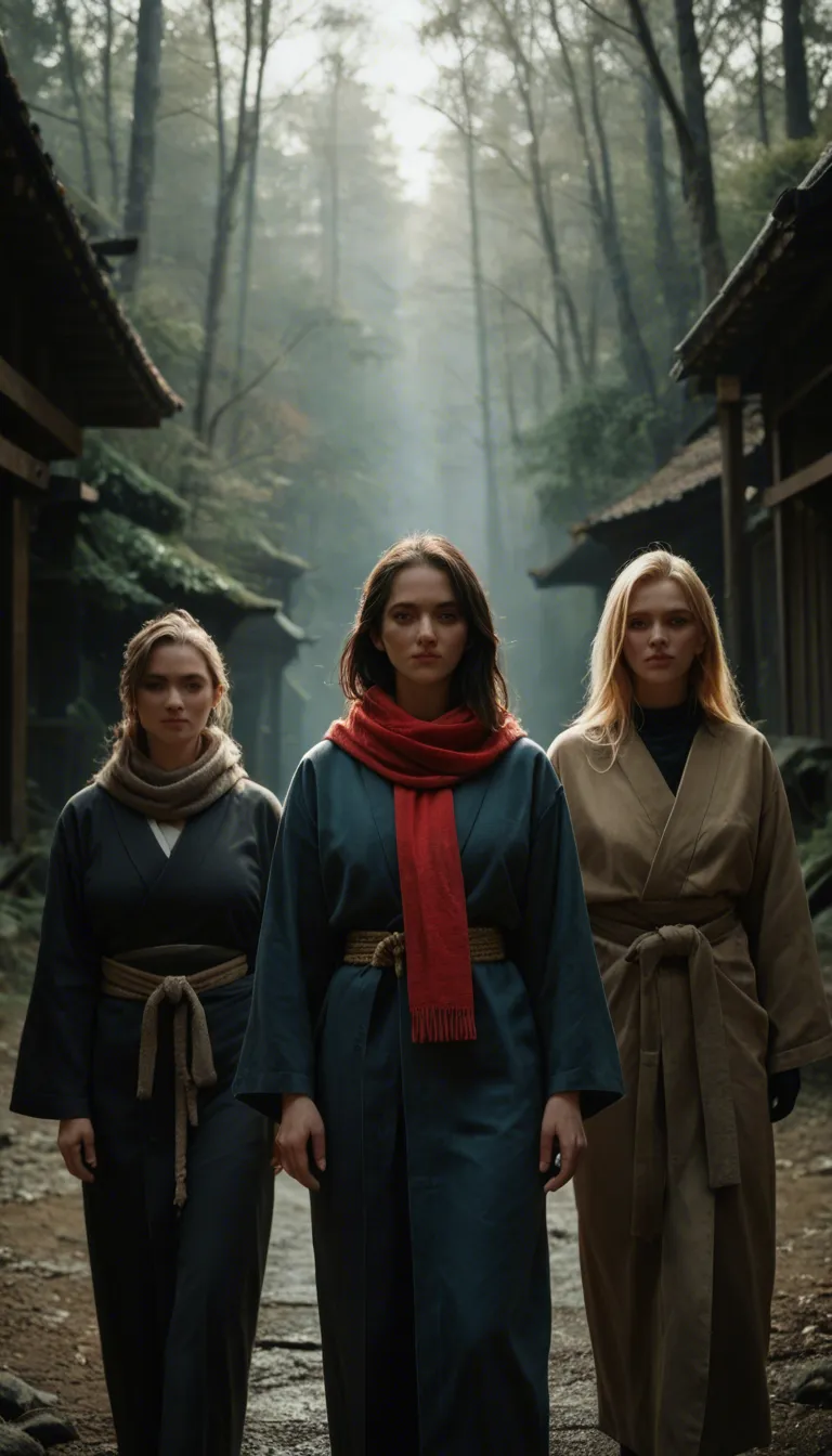 highly detailed, natural lighting, 3women, scarf, japanese clothes, bondage, cool tones, studio photo
