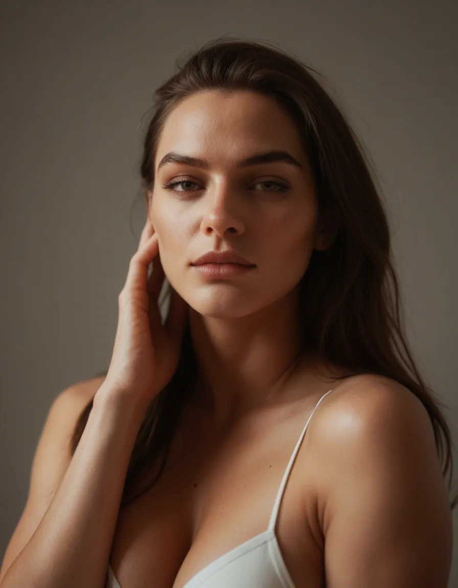 Dominant girlfriend femdom, score_9, score_8, candid photo, realistic skin texture, visible skin pores, film grain, depth of field