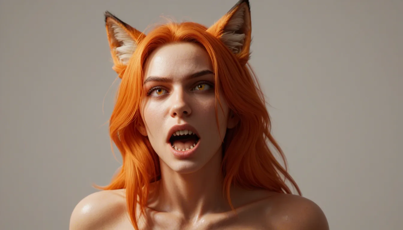 1woman, human woman with fox features, fox ears, large fluffy orange fox tail, orange hair, yellow eyes, sharp teeth, open mouth, completely nude, medium breasts, slim waist, doggystyle position, being fucked from behind, on all fours, arched back, looking back at viewer, lustful expression, ahegao, sex, penetration, anime style, high detail, uncensored