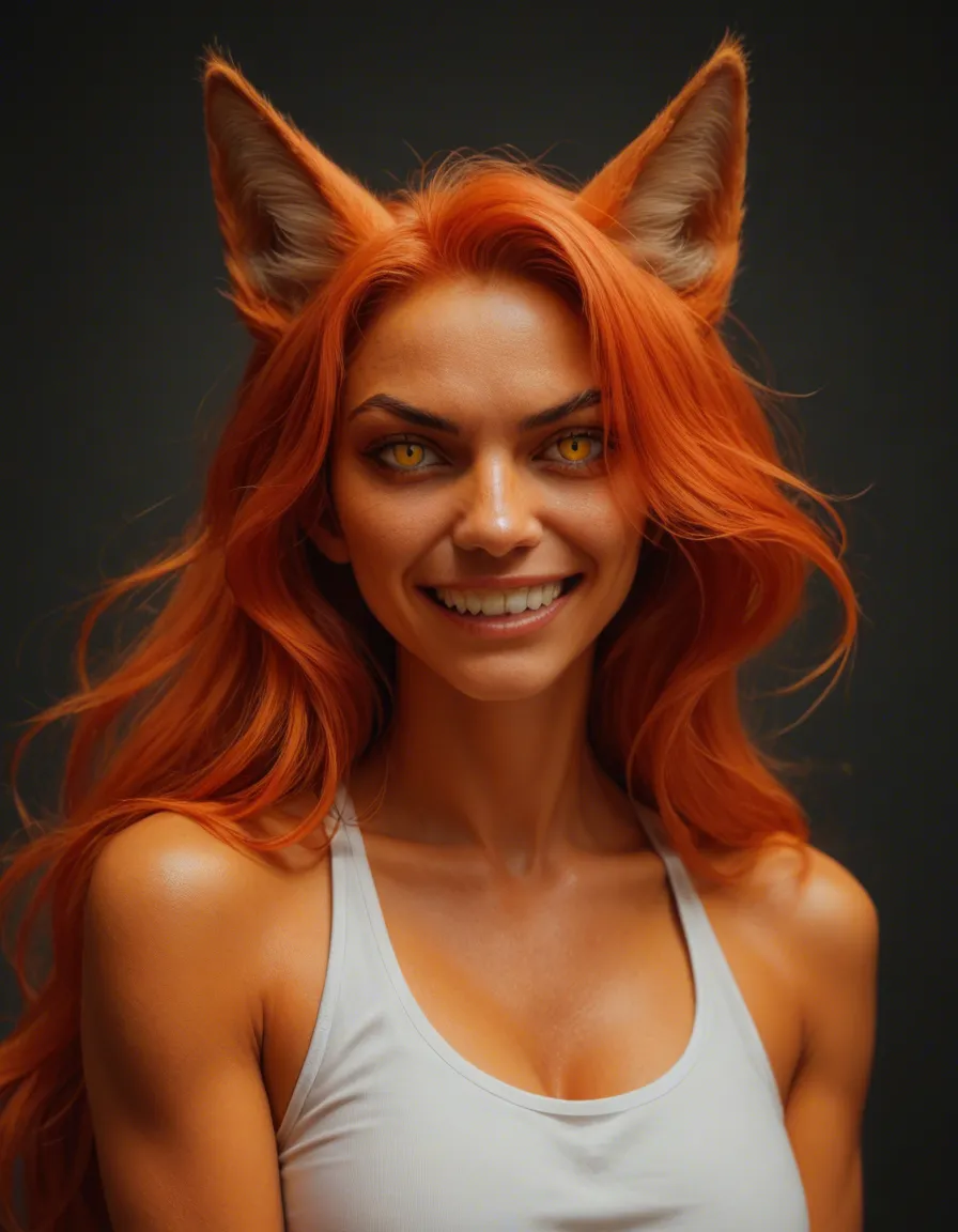 masterpiece, best quality, highly detailed, anime style, solo, 1woman, adult anthro fox woman, orange fur, long wavy orange and red hair, pointed fox ears, two fluffy fox tails with white tips, yellow golden eyes with slit pupils, mischievous sharp-toothed grin, medium breasts, slim athletic body, defined waist, rounded firm butt, smooth shiny skin, kneeling on bed, completely nude, seductive pose, warm lighting, indoor background with ornate walls, detailed fur, glossy skin, score_9, score_8, candid photo, realistic skin texture, visible skin pores, film grain, depth of field