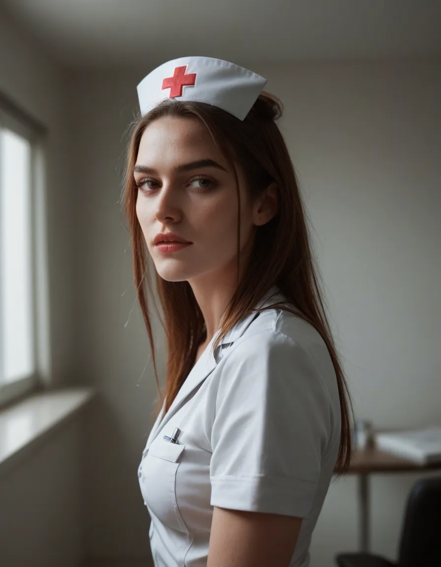 cinematic photo, 8k, over the shoulder, nurse, presenting, thighhighs, blurry background, studio photo, score_9, score_8, candid photo, realistic skin texture, visible skin pores, film grain, depth of field