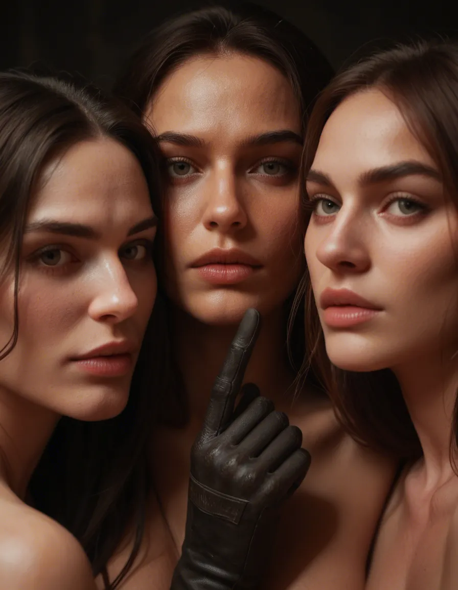 8k, sharp focus, detailed skin, 3girls, bare shoulders, gloves, fully nude, close-up, moonlight, film photography, score_9, score_8, candid photo, realistic skin texture, visible skin pores, film grain, depth of field