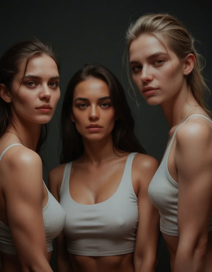 ultra HD, lifelike, 3girls, sleeveless, presenting, lifelike render, score_9, score_8, candid photo, realistic skin texture, visible skin pores, film grain, depth of field