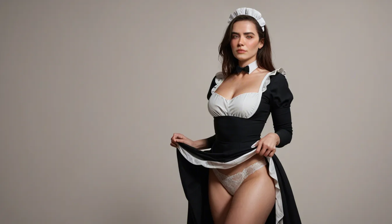 mature woman, big soft chest, slim waist, thick thighs, wide hips, plump soft lips, blush, maid outfit, skirt_lift, white lace panties