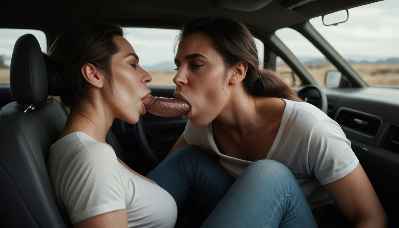 short brunette mature_female , white t-shirt, blue jeans, driving in car, on highway, (giving oral sex to driver) , detailed skin, backlighting