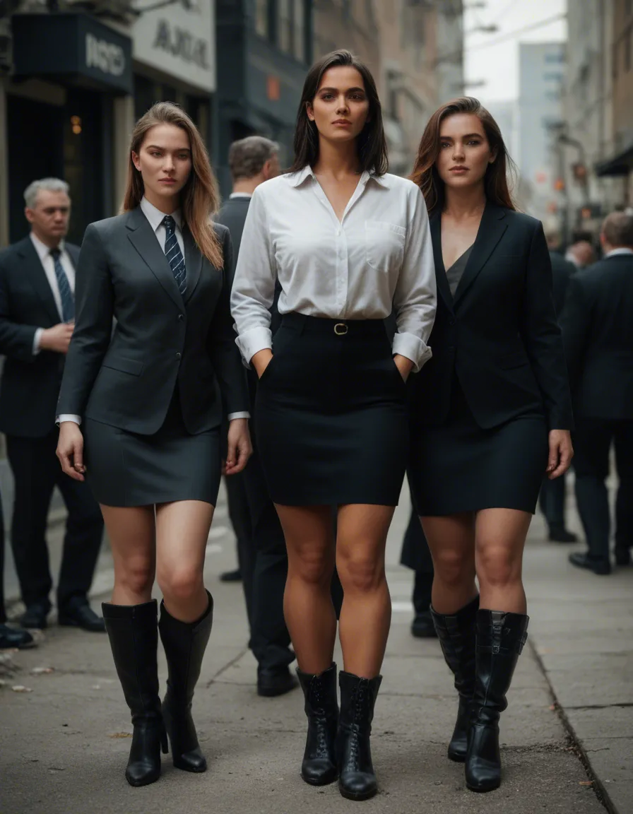 professional photo, high detail, 4women, boots, presenting, natural skin texture, score_9, score_8, candid photo, realistic skin texture, visible skin pores, film grain, depth of field