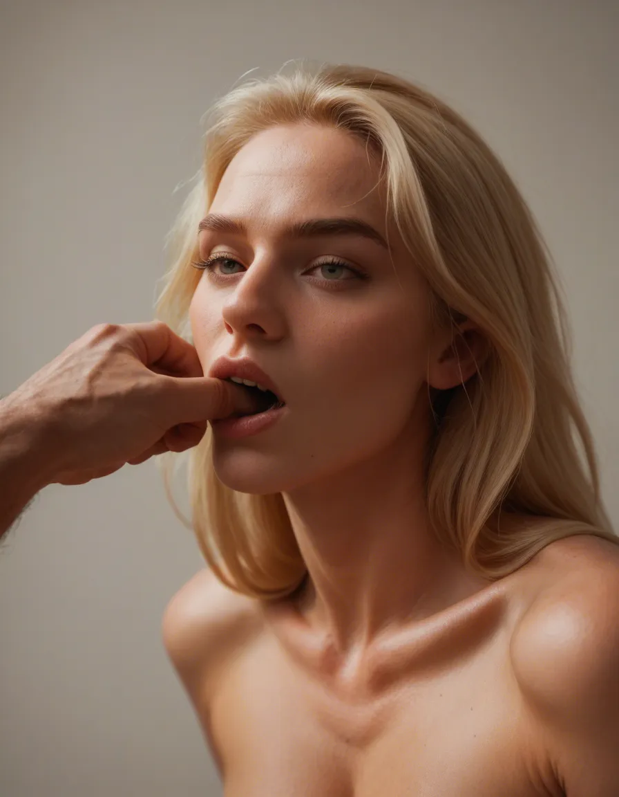 Blonde woman with feet up in air fingers in mouth with white stuff on them and no clothes, score_9, score_8, candid photo, realistic skin texture, visible skin pores, film grain, depth of field