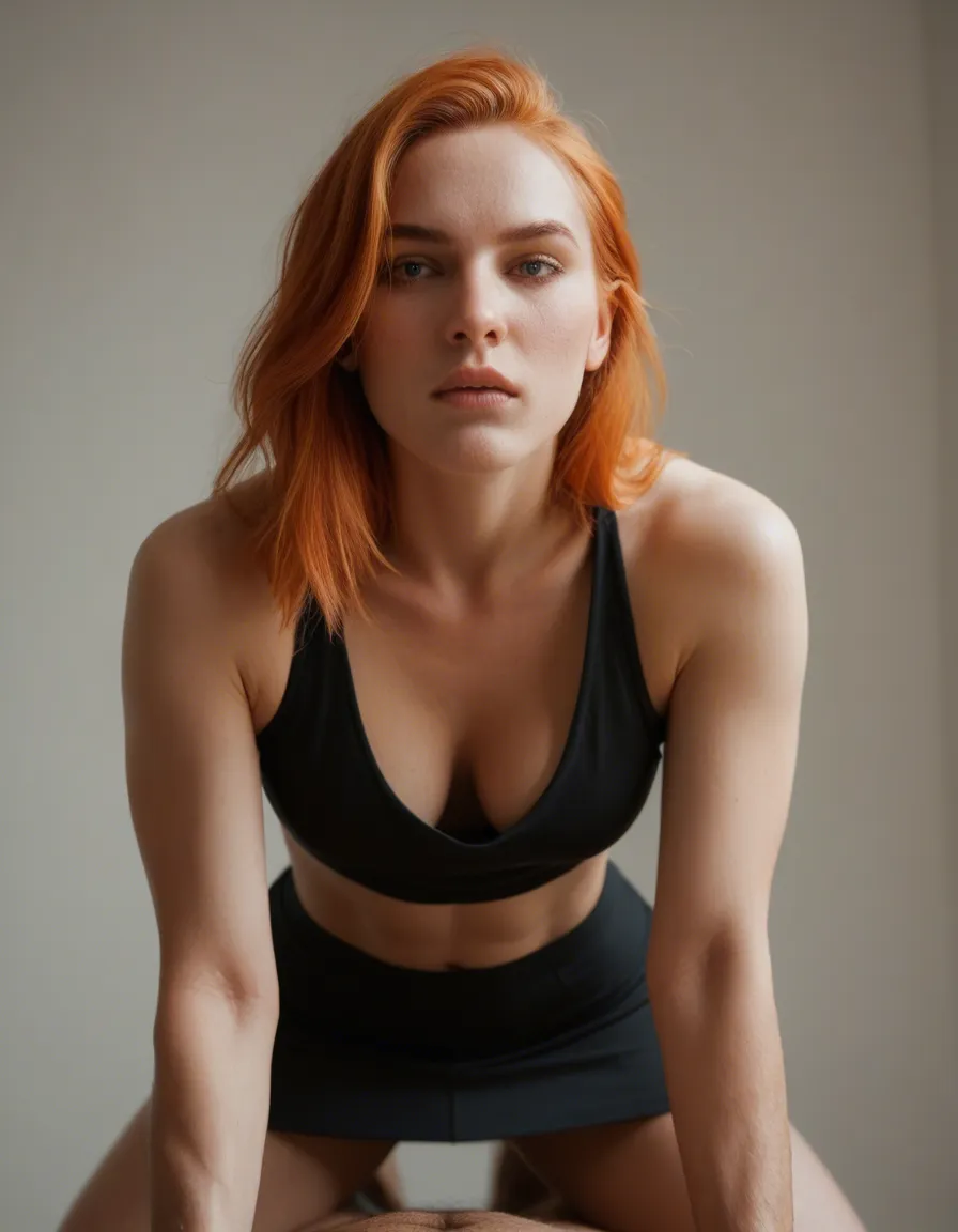 ultra HD, lifelike, solo, orange hair, black skirt, doggy style, lifelike render, score_9, score_8, candid photo, realistic skin texture, visible skin pores, film grain, depth of field