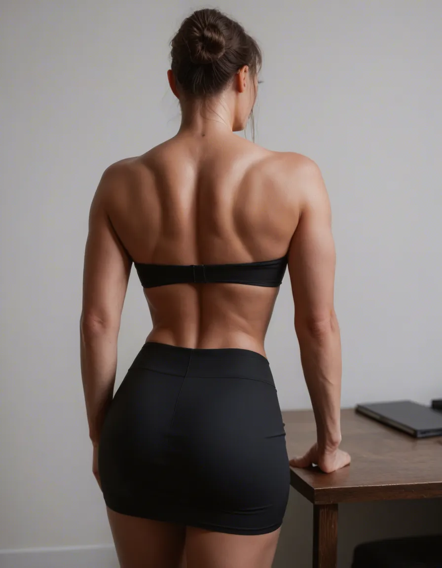 best quality, hyperrealistic, fitness model, standing, black skirt, doggy style, white background, medium shot, studio photo_(object), score_9, score_8, candid photo, realistic skin texture, visible skin pores, film grain, depth of field